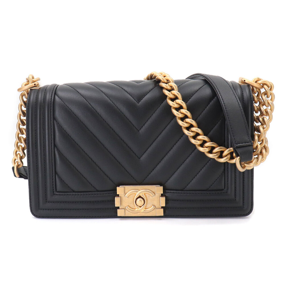 Chanel Boy Chain Shoulder Handbag, Calfskin, Black, A67086, Chevron V-stitch,...